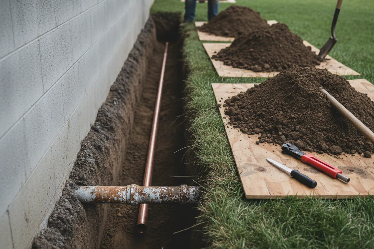 Excavated water line trench during Water Heater Repair in Strawberry Valley